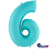 Pastel blue Grabo foil balloon shaped as the number 6, measuring 40 inches for celebrations and decorations.