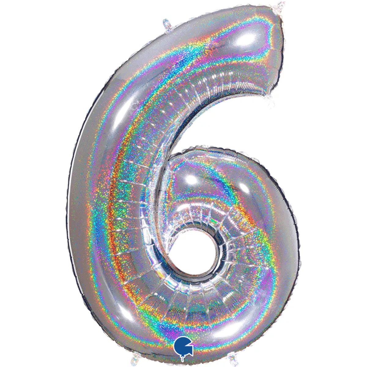 Silver foil balloon shaped as the number 6 with holographic glitter from Grabo, 40-inch size, shiny and festive for celebrations.