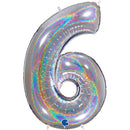 Silver foil balloon shaped as the number 6 with holographic glitter from Grabo, 40-inch size, shiny and festive for celebrations.