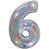 Silver foil balloon shaped as the number 6 with holographic glitter from Grabo, 40-inch size, shiny and festive for celebrations.