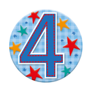 Six small birthday badges with age 4 from Tiger Feet, featuring colorful designs for children's birthday celebrations.