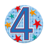 Six small birthday badges with age 4 from Tiger Feet, featuring colorful designs for children's birthday celebrations.