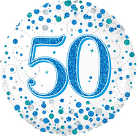 Blue Sparkling Fizz 50th Birthday foil balloon with "50" design and sparkling details, by Oaktree, 18-inch size.