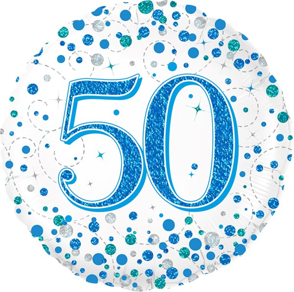 Blue Sparkling Fizz 50th Birthday foil balloon with "50" design and sparkling details, by Oaktree, 18-inch size.