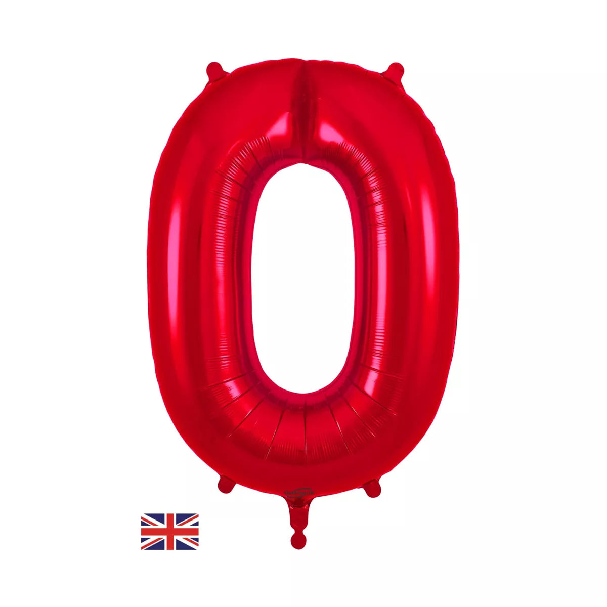 Red Oaktree foil balloon shaped as the number 0, measuring 34 inches, with shiny metallic surface and decorative accents.