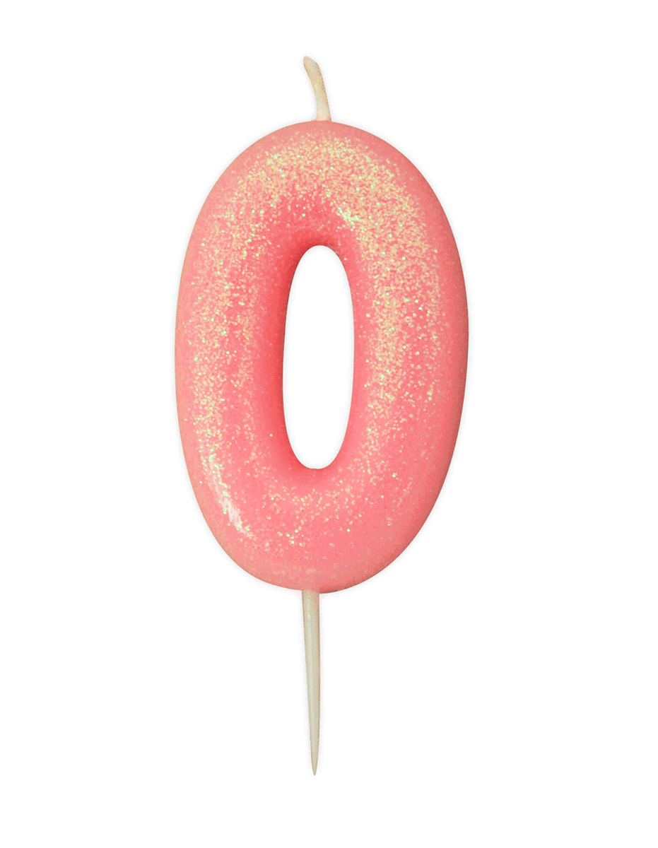 Pink glitter number 0 party candle from Creative Party with a 7cm height, perfect for birthday celebrations.