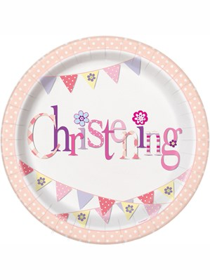 Unique Christening Bunting Pink 9" Plates 8pk
