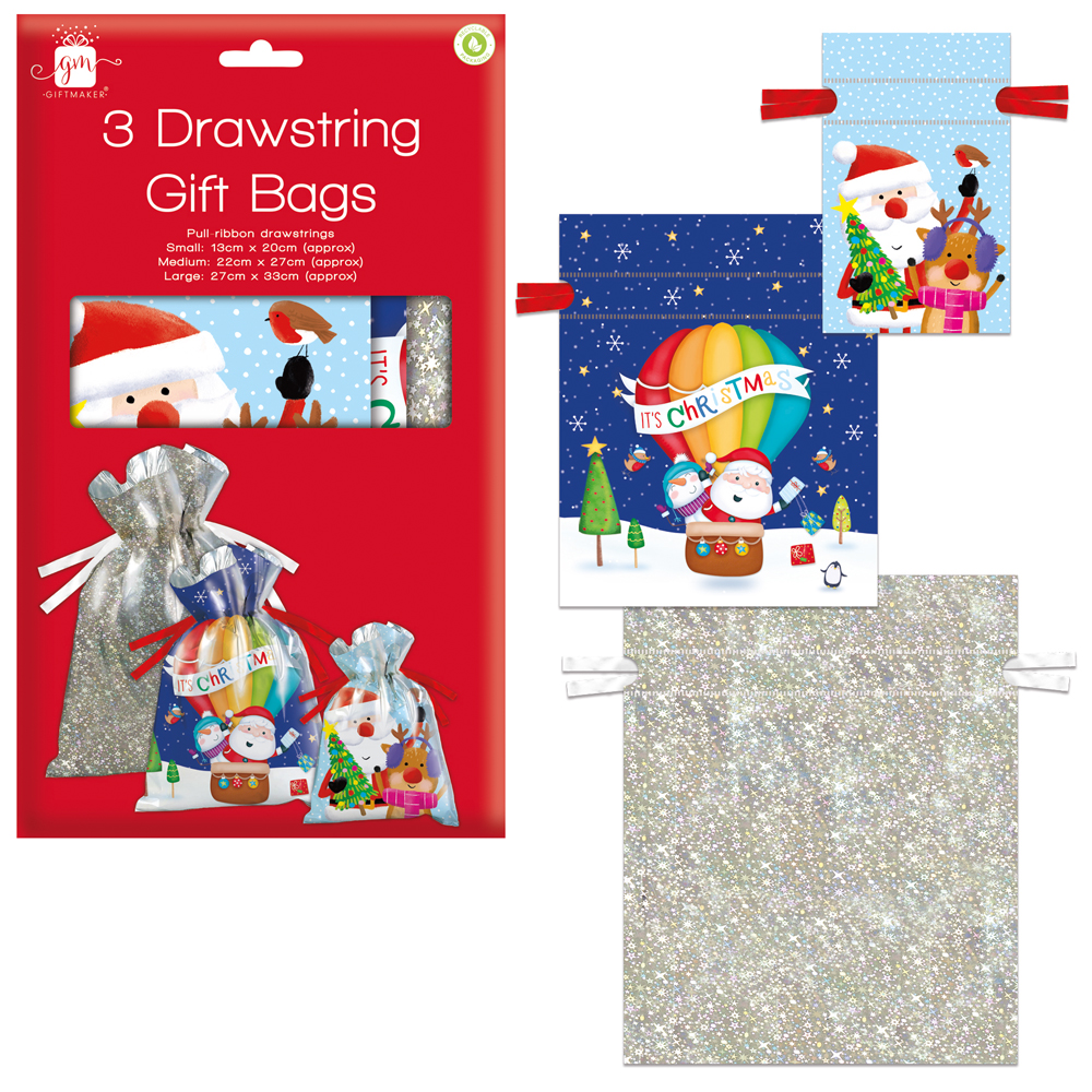 Drawstring Gift Bag Christmas Assorted 3pk