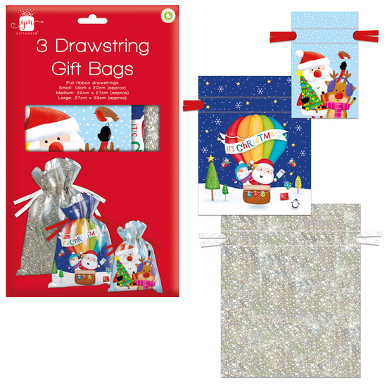Drawstring Gift Bag Christmas Assorted 3pk