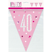 Pink glitz banner with "Age 40" text, 9ft long, decorative Unique flag banner for celebrations and parties.