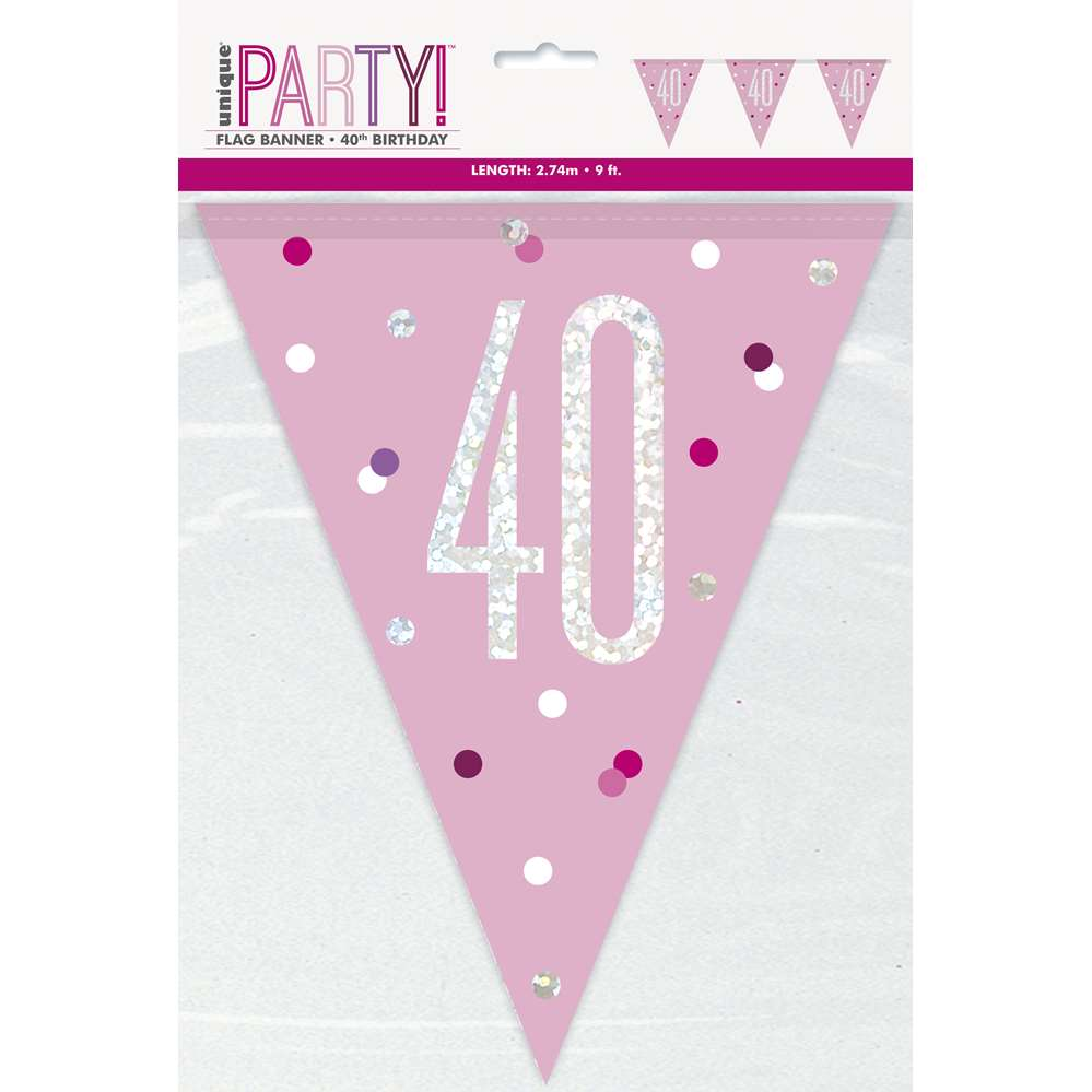 Pink glitz banner with "Age 40" text, 9ft long, decorative Unique flag banner for celebrations and parties.