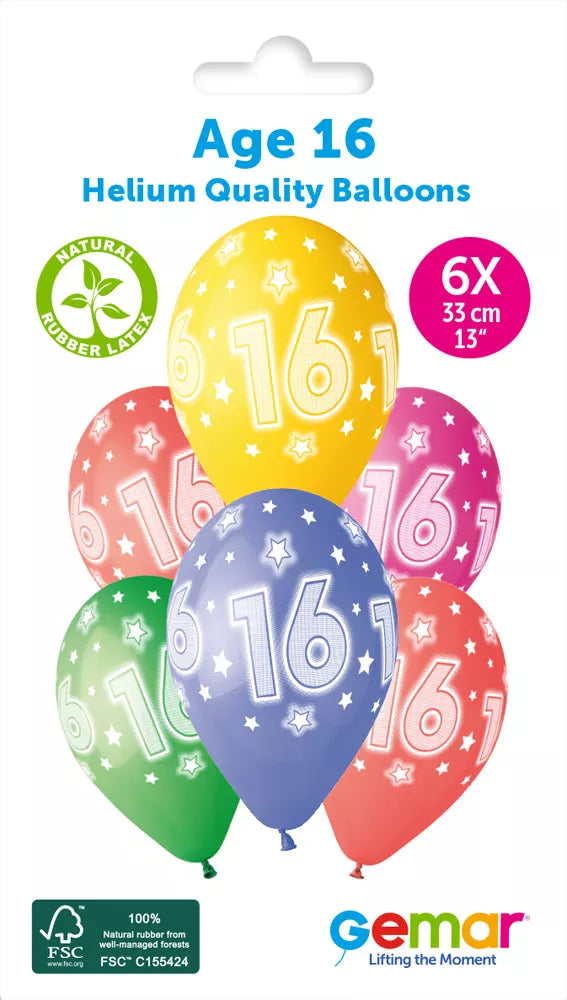 Six Gemar Cosmic Stars 13-inch latex printed balloons with colorful star patterns on a neutral background.
