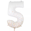 Oaktree foil balloon in rose gold, shaped as the number 5, measuring 34 inches tall, with a shiny, metallic finish.