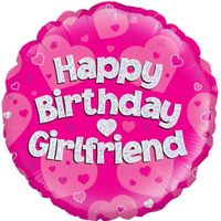 Pink holographic 18-inch round foil balloon by Oaktree, featuring birthday-themed design for a girlfriend celebration.