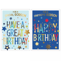 Poppyhill 12-pack birthday cards featuring colorful designs and "Godson" message, ideal for special celebrations.