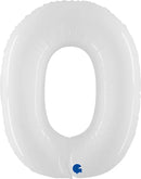 Shiny white Grabo foil balloon in a 40-inch number 0 shape, reflecting light with a smooth, metallic surface.