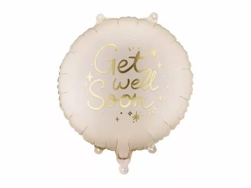 PartyDeco Get Well Soon foil balloon, 14-inch shiny metallic design, featuring colorful lettering and cheerful balloon shape.