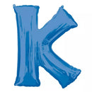 Blue 34-inch Anagram foil balloon shaped as the letter K, reflecting shiny metallic surface and festive celebration style.