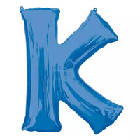 Blue 34-inch Anagram foil balloon shaped as the letter K, reflecting shiny metallic surface and festive celebration style.