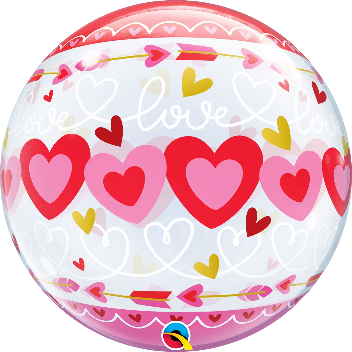 Qualatex Bubble Balloon 22-inch Love Connected Hearts with red and pink heart designs, transparent background, and floating appearance.