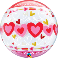 Qualatex Bubble Balloon 22-inch Love Connected Hearts with red and pink heart designs, transparent background, and floating appearance.