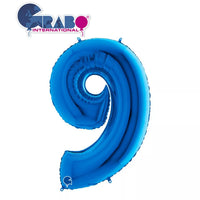 Blue Grabo foil balloon in the shape of the number 9, measuring 40 inches tall, with shiny metallic surface.