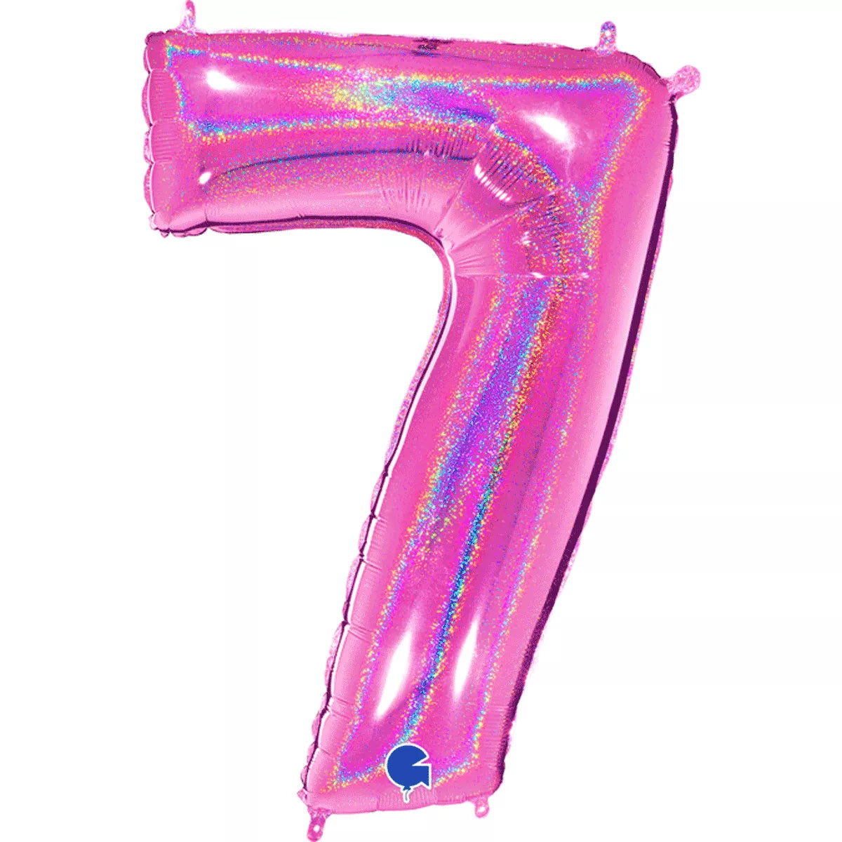 Fuchsia foil balloon with holographic glitter design, shaped as a number 7, by Grabo, measuring 40 inches.