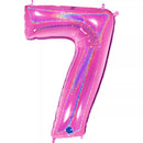 Fuchsia foil balloon with holographic glitter design, shaped as a number 7, by Grabo, measuring 40 inches.