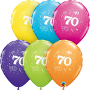 Qualatex 25-pack printed latex balloons featuring tropical 70th birthday designs, assorted colors, 11-inch size.