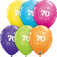 Qualatex 25-pack printed latex balloons featuring tropical 70th birthday designs, assorted colors, 11-inch size.
