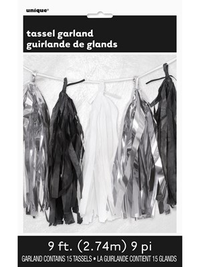 Metallic Silver, Black & White Tassel Garland 9ft