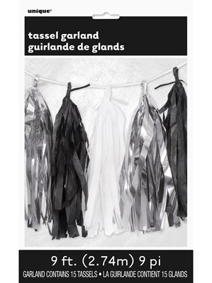 Metallic Silver, Black & White Tassel Garland 9ft