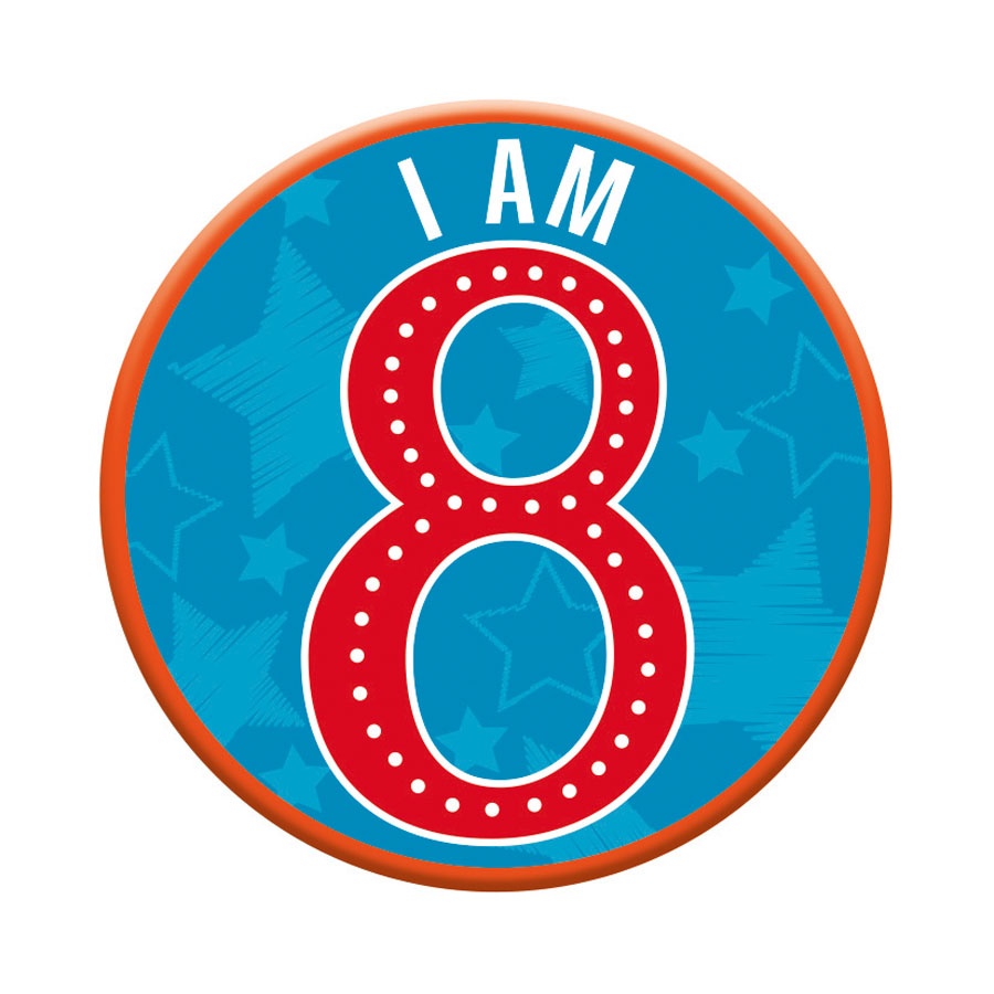 Six small Tiger Feet birthday badges featuring the number 8, perfect for celebrating an eighth birthday.