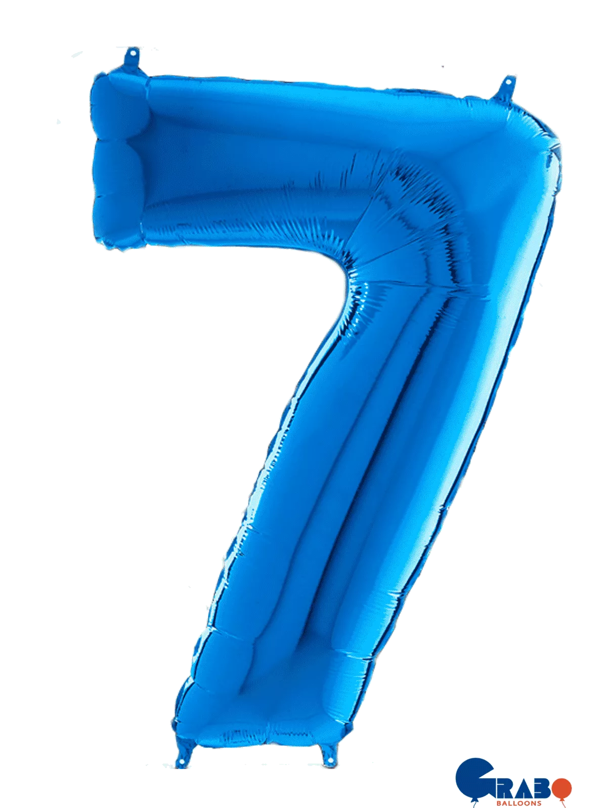 Blue Grabo foil balloon shaped as the number 7, measuring 26 inches tall, perfect for celebrations and birthdays.