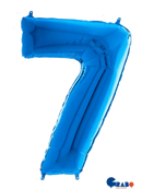 Blue Grabo foil balloon shaped as the number 7, measuring 26 inches tall, perfect for celebrations and birthdays.