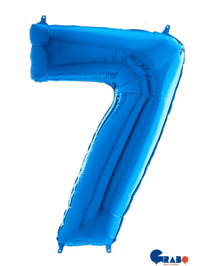 Blue Grabo foil balloon shaped as the number 7, measuring 26 inches tall, perfect for celebrations and birthdays.