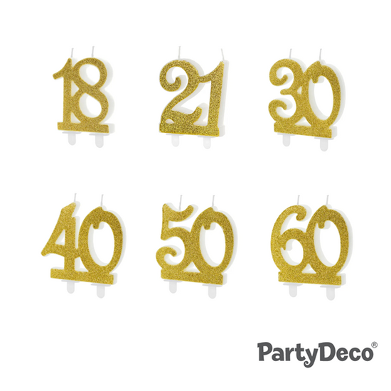 PartyDeco Party Candle Age 40 Glitter Gold 7.5cm