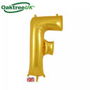 Oaktree Gold 34-inch foil balloon shaped as the letter F, shiny metallic finish, perfect for celebrations and party decorations.