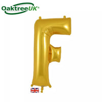 Oaktree Gold 34-inch foil balloon shaped as the letter F, shiny metallic finish, perfect for celebrations and party decorations.