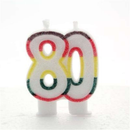Multicoloured glitter APAC Party Candle with the number 80 for birthday celebrations, decorative and festive.