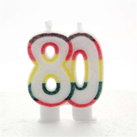 Multicoloured glitter APAC Party Candle with the number 80 for birthday celebrations, decorative and festive.
