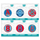 Six colorful small birthday badges with the number 8, featuring the Tiger Feet brand, perfect for celebrating with kids.