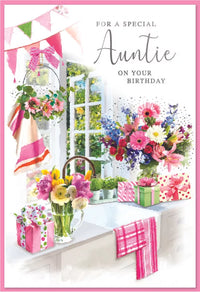Set of six Simon Elvin C50 birthday cards for Auntie, featuring colorful designs and cheerful messages on high-quality cardstock.