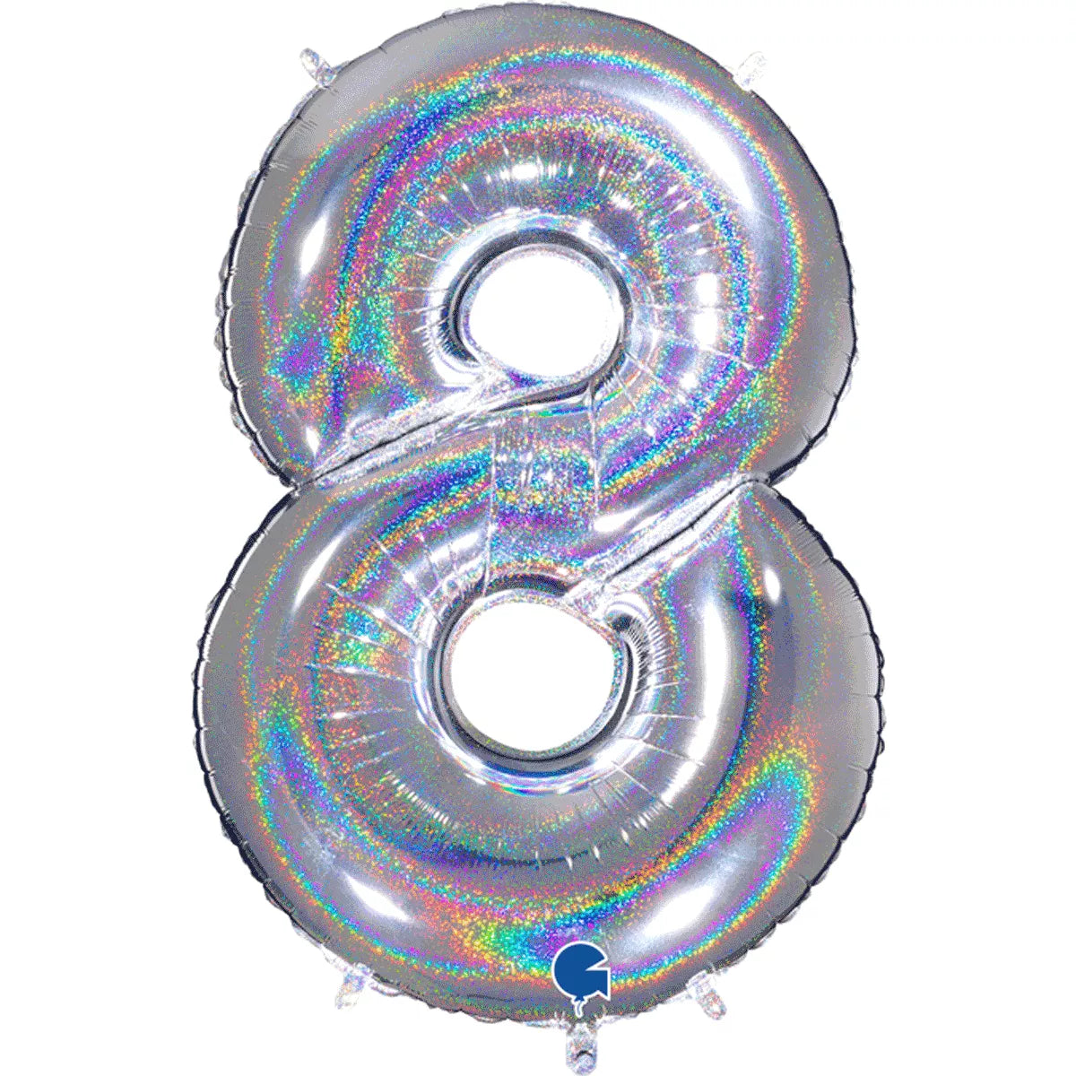 Silver foil balloon shaped as the number 8 with holographic glitter, from Grabo, measuring 40 inches in height.