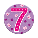 Six small Tiger Feet birthday badges with the number 7, featuring colorful and festive designs for celebrating a seventh birthday.