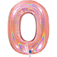 Grabo foil glitter holographic rose gold number 0 balloon, 40-inch size, shiny and festive for celebrations or events.