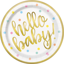 Set of eight Unique Hello Baby gold 9-inch plates with cheerful baby-themed design for celebrations and parties