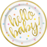 Set of eight Unique Hello Baby gold 9-inch plates with cheerful baby-themed design for celebrations and parties
