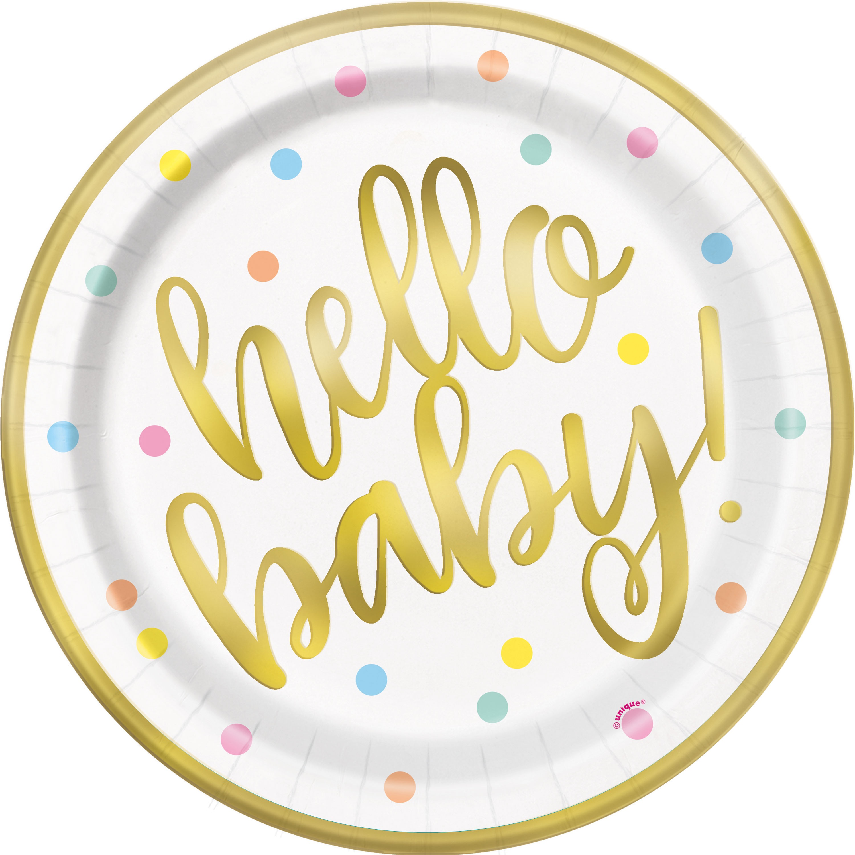 Set of eight Unique Hello Baby gold 9-inch plates with cheerful baby-themed design for celebrations and parties