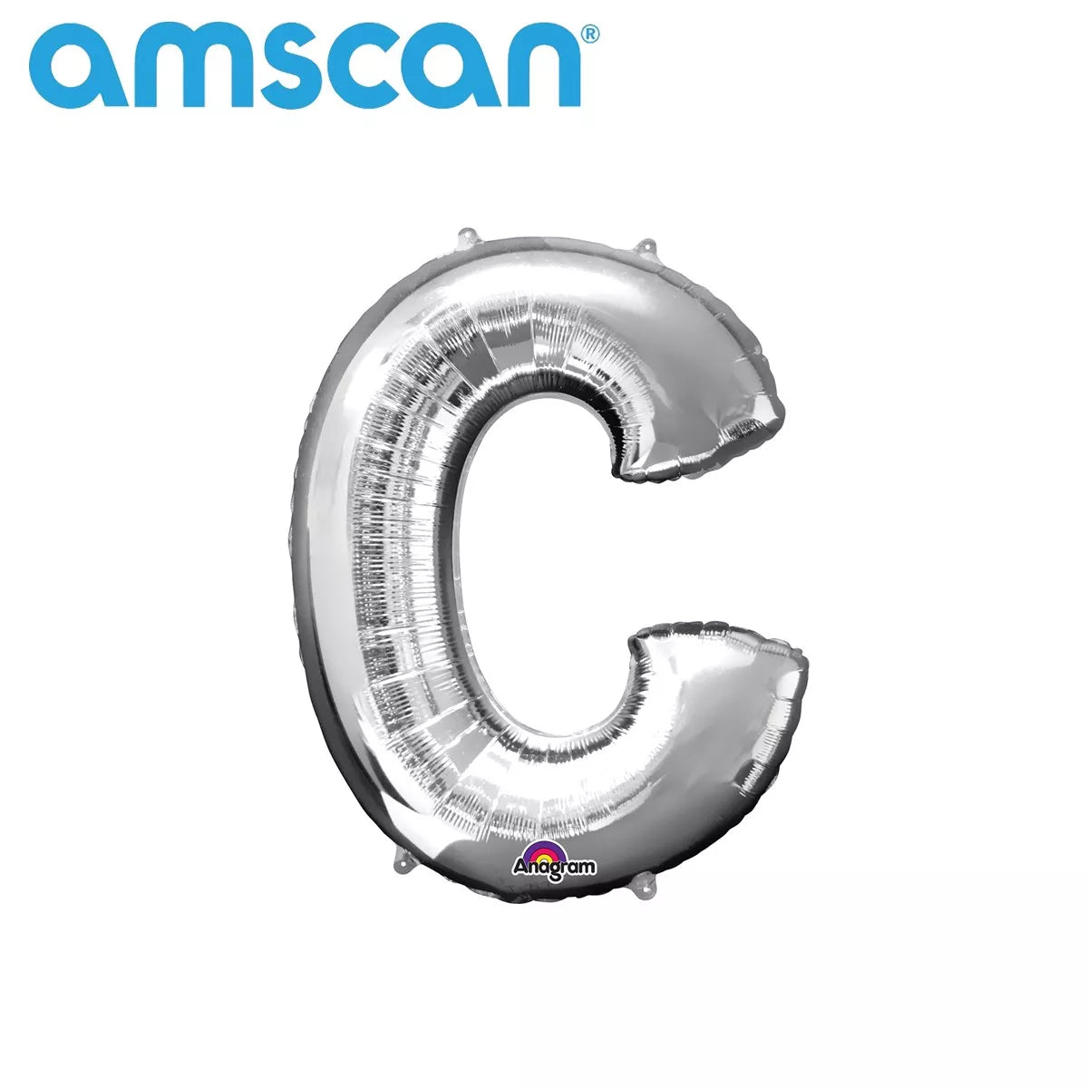 Silver 16-inch Anagram foil balloon in the shape of the letter C, shiny metallic finish, designed for celebrations and decorations.